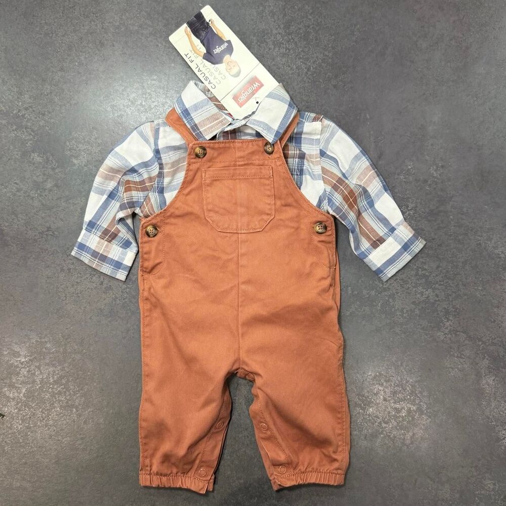Wrangler & Carter’s 3M Plaid Button-Up Bodysuit Overalls Outfit 2pc Set NWT